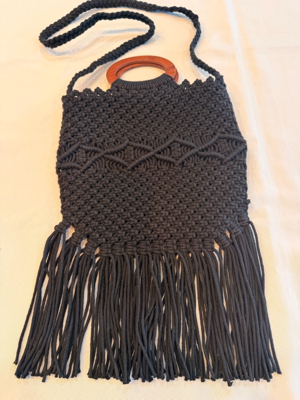 Danielle Nicole Black Macramé Fringe Bag Crossbody with Wooden Handles